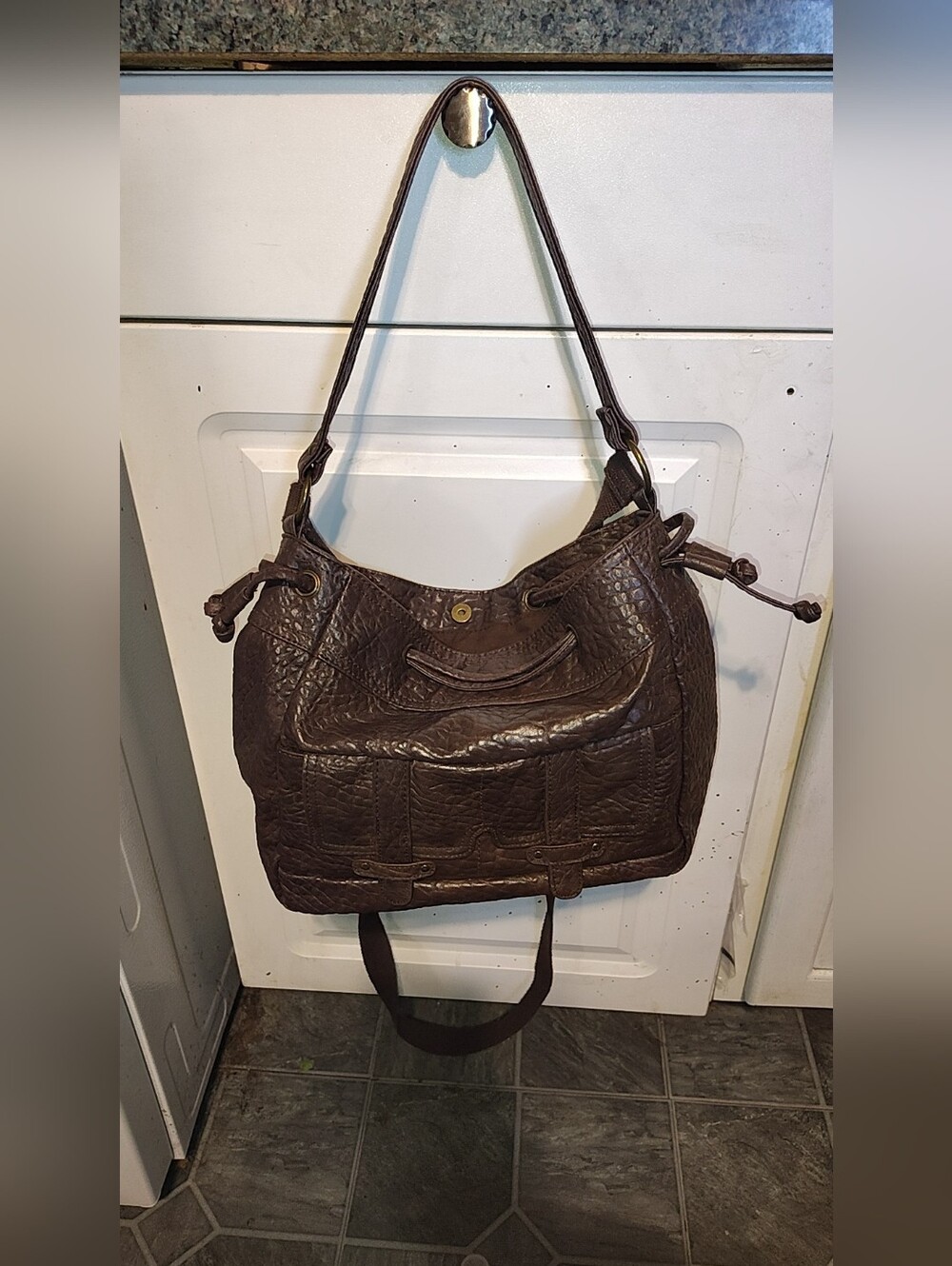 Classic Textured Leather Shoulder Bag - Dark Brown